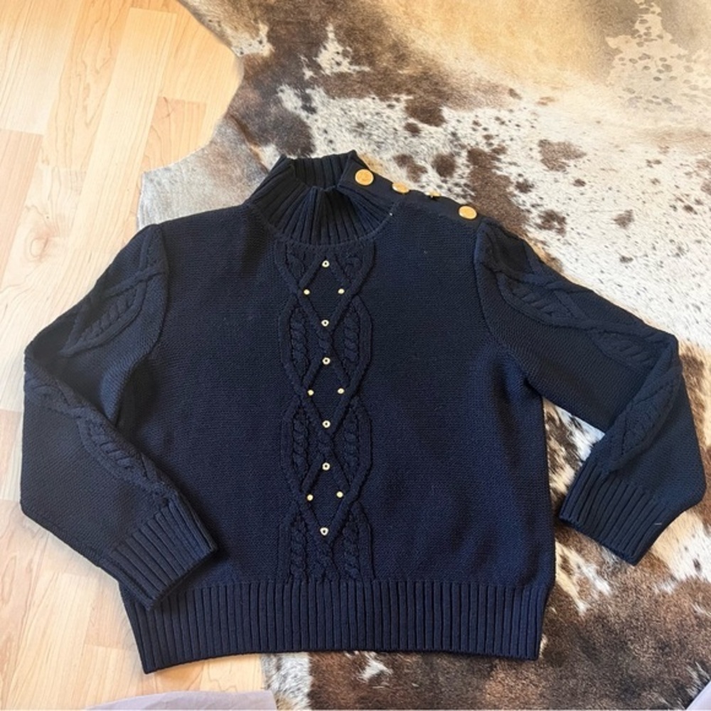 ST. JOHN SPORT Black Wool Blend Knit‎ Sweater Gold Accent Buttons Size Small